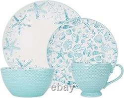 Venice 16-Piece Stoneware Dinnerware Set, Service for 4, Aqua and White Color