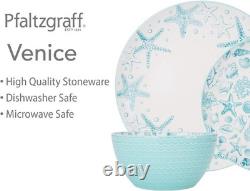 Venice 16-Piece Stoneware Dinnerware Set, Service for 4, Aqua and White Color