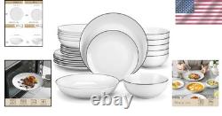 Versatile 24-Piece Modern White Dinnerware Set with Black Rim for All Occasions