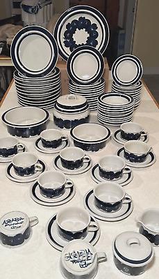 Vintage 75 Piece Set/Service for 12 ARABIA Finland Anemone Blue Ulla Procope