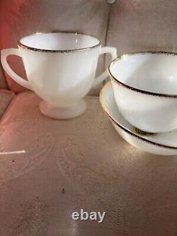 Vintage Anchor Hocking 22k Hold Trim Ivory White Dinnerware Set