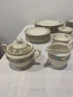 Vintage China Set. White, Green & Gold Pattern. 6-8 Place Setting Raleigh Pattern