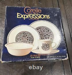 Vintage Corelle Expressions BATIK Brown Daisy 20 Piece Dinnerware Set New
