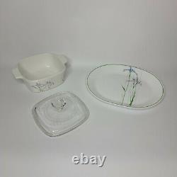 Vintage Corelle Shadow Iris 69 Piece Set Dinnerware with Matching Cookware & Lid