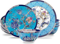 Vintage Floral Bone China Dinnerware Set for 4 12-Piece Blue & White