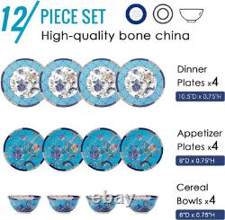 Vintage Floral Bone China Dinnerware Set for 4 12-Piece Blue & White