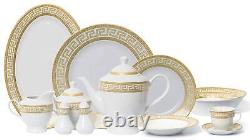 Vintage Greek Key 57-pc Dinnerware Set for 8 in White and Gold Fine Porcelain