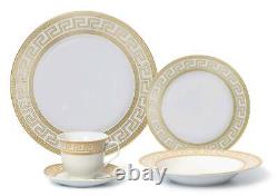 Vintage Greek Key 57-pc Dinnerware Set for 8 in White and Gold Fine Porcelain