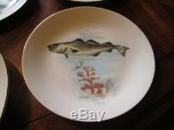 Vintage KAHLA 7 Piece Porcelain Fish Set, 6 Lunch Plates & Oval Platter 1950's