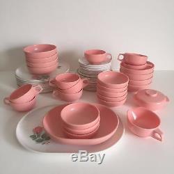 Vintage MID Century Pink & White Rose Melmac Dinnerware Set Of 52 Pieces