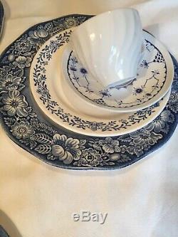 Vintage Mismatched China Transferware 16 piece Dinnerware Set Blue and White # 9