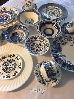 Vintage Mismatched China Transferware 20 piece Dinnerware Set Blue and White #12