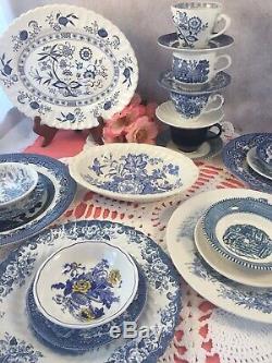 Vintage Mismatched China Transferware 22 piece Dinnerware Set Blue and White # 6