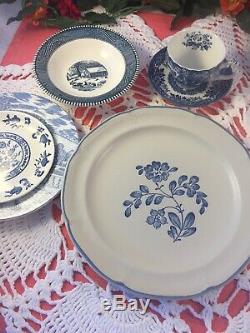 Vintage Mismatched China Transferware 26 piece Dinnerware Set Blue and White #25