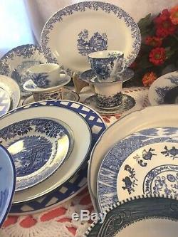 Vintage Mismatched China Transferware 26 piece Dinnerware Set Blue and White #25