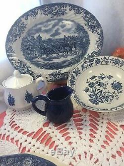 Vintage Mismatched China Transferware 28 piece Dinnerware Set Blue and White # 3