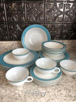 Vintage Pyrex Turquoise Band Dinnerware Complete set Plates Cups Saucers Bowl