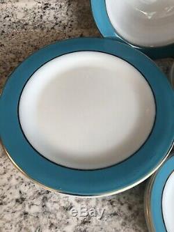 Vintage Pyrex Turquoise Band Dinnerware Complete set Plates Cups Saucers Bowl