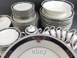 Vintage Service 12 Dinnerware Set Noritake Etienne Gray/Black Band Pink Flowers
