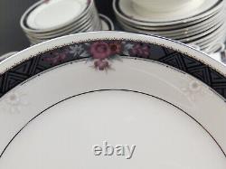 Vintage Service 12 Dinnerware Set Noritake Etienne Gray/Black Band Pink Flowers