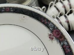 Vintage Service 12 Dinnerware Set Noritake Etienne Gray/Black Band Pink Flowers