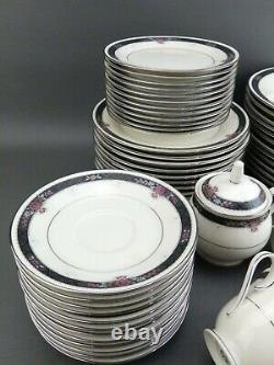 Vintage Service 12 Dinnerware Set Noritake Etienne Gray/Black Band Pink Flowers