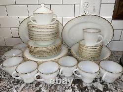 Vtg Anchor Hocking Fire-King Dinnerware Set Milk Glass Swirl Gold Service 8 Bowl