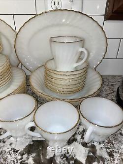 Vtg Anchor Hocking Fire-King Dinnerware Set Milk Glass Swirl Gold Service 8 Bowl