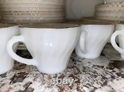 Vtg Anchor Hocking Fire-King Dinnerware Set Milk Glass Swirl Gold Service 8 Bowl