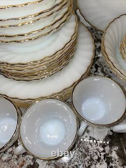 Vtg Anchor Hocking Fire-King Dinnerware Set Milk Glass Swirl Gold Service 8 Bowl