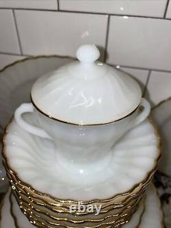 Vtg Anchor Hocking Fire-King Dinnerware Set Milk Glass Swirl Gold Service 8 Bowl