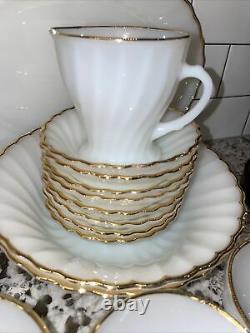 Vtg Anchor Hocking Fire-King Dinnerware Set Milk Glass Swirl Gold Service 8 Bowl