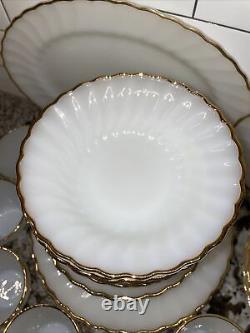 Vtg Anchor Hocking Fire-King Dinnerware Set Milk Glass Swirl Gold Service 8 Bowl