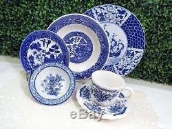 Vtg Mismatched China Dinnerware Set, Blue White Ironstone, 24 Pc, Service 4 or 8