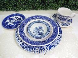 Vtg Mismatched China Dinnerware Set, Blue White Ironstone, 24 Pc, Service 4 or 8