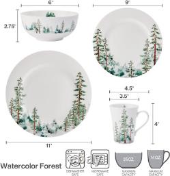 Watercolor Forest Chip Resistant 16 Piece Dinnerware Set, Service for 4 White