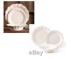 White Country Dinnerware Set of 36 linen Serves 12 Scalloped Embossed Elegant Di