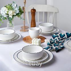 White Dinnerware Sets, 12-Piece Threaded Relief Kitchen Dinner Set, Plates, Bowl