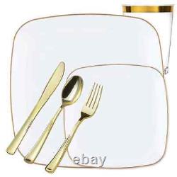 White &Gold Plastic Square Dinner Tableware Set Wedding Party Dinner Package