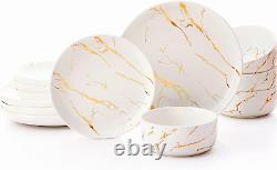 White Gold Splash Dinnerware Sets, 12 Pieces Fine China Marble Plates and Bowls