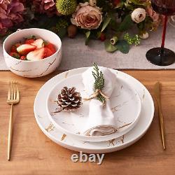 White Gold Splash Dinnerware Sets, 12 Pieces Fine China Marble Plates and Bowls