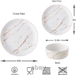 White Gold Splash Dinnerware Sets, 12 Pieces Fine China Marble Plates and Bowls