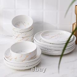 White Gold Splash Dinnerware Sets, 12 Pieces Fine China Marble Plates and Bowls