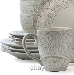 White Lace 16 Piece round Scallop Stoneware Dinnerware Set in White