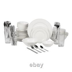 White Round 62-Piece Stoneware Dinnerware Set, Kitchen Dinner Service Set for 6