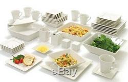 White Square Banquet 45-Piece Porcelain Dinnerware Service for 6 + Serve Set NEW