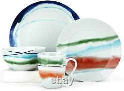 ZYAN 16 Piece Round Dinnerware Sets, White / Red Fusion Stoneware Dish Set for 4