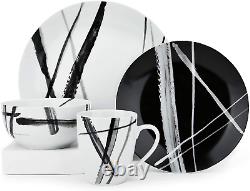 ZYAN 16 Piece round Dinnerware Sets, Black and White Metro Stoneware Dish Sets