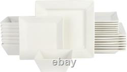 Zen Buffet White Porcelain Dinnerware Set for 4, Square Plates Bowls and Mugs, C